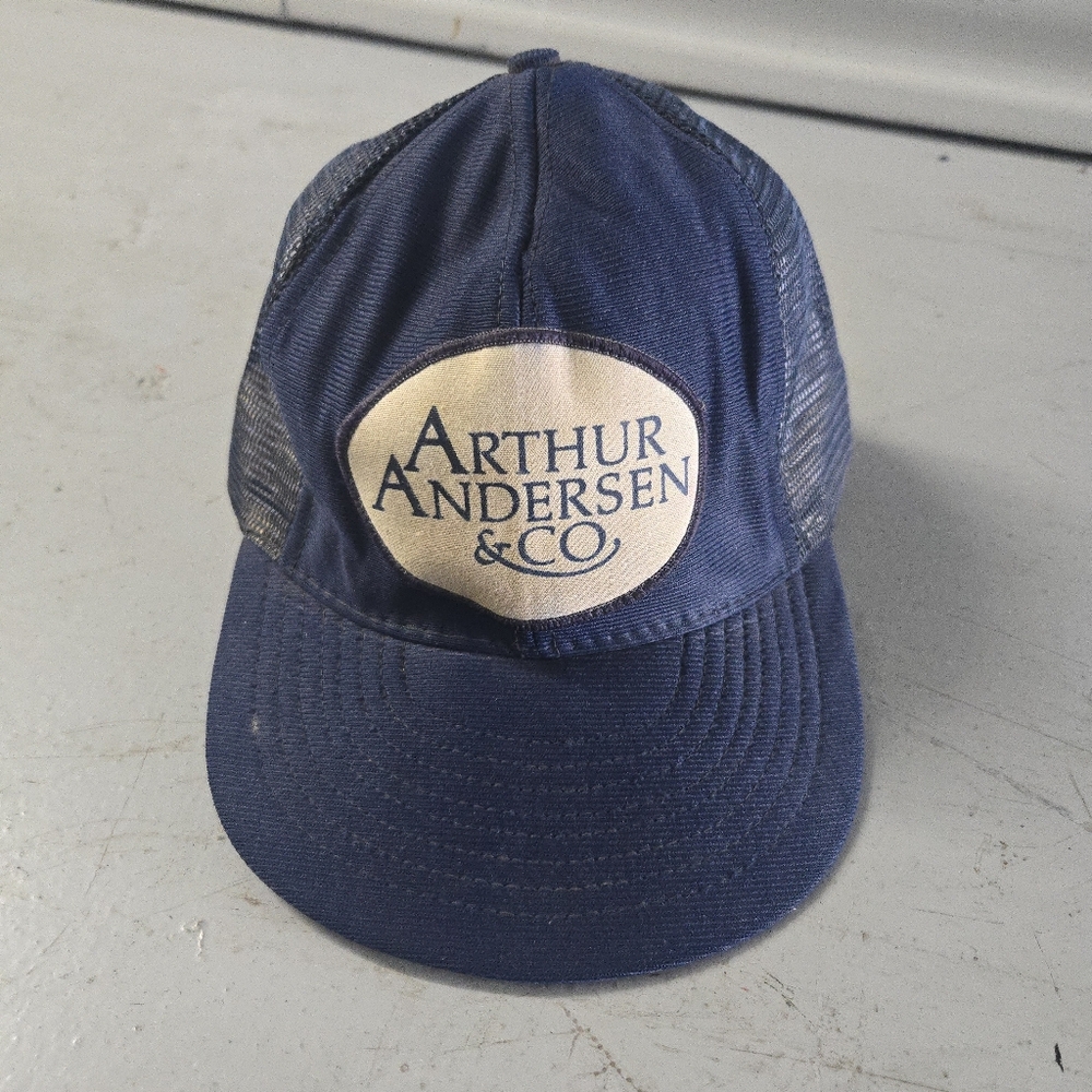 ​Vintage Arthur Andersen & Co Trucker Hat Snapback Navy Blue Mesh Corporate 90s